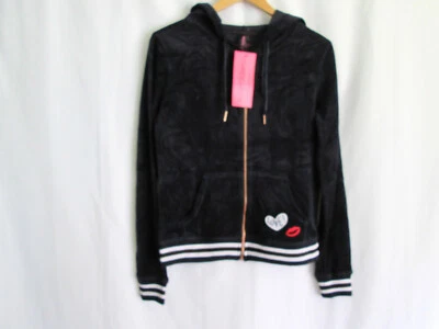 Chaqueta con Capucha M Betsey Johnson Performance Velour Love Terciopelo Cremallera Completa Ondulada Azul Marino Foto 1 de 4