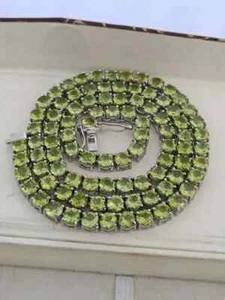 42.5 Ct Round Cut Lab Created Green Peridot 925 Silver Women Tennis Necklace 18" - Picture 1 of 8