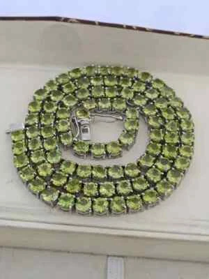 42.5 Ct Round Cut Lab Created Green Peridot 925 Silver Women Tennis Necklace 18" - Image 1 of 4