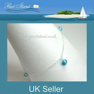 9 inch Blue Freshwater Pearl Sterling Silver Ankle Bracelet / Anklet, 23cm - Picture 1 of 1