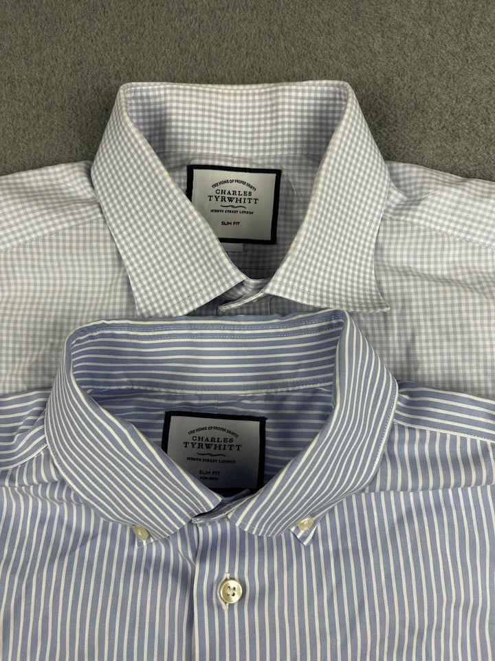 Charles Tyrwhitt Shirt Mens 17 33 Blue Stripe Check Slim Fit Non Iron Lot Of 2 - Image 1 of 4