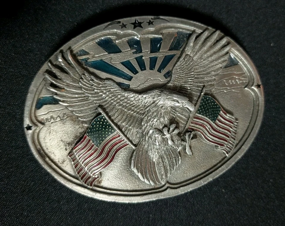 Fivela de cinto bandeiras de águia careca EUA esmalte azul-petróleo bergamota T-256 980106 patriótico  - Imagem 1 de 3