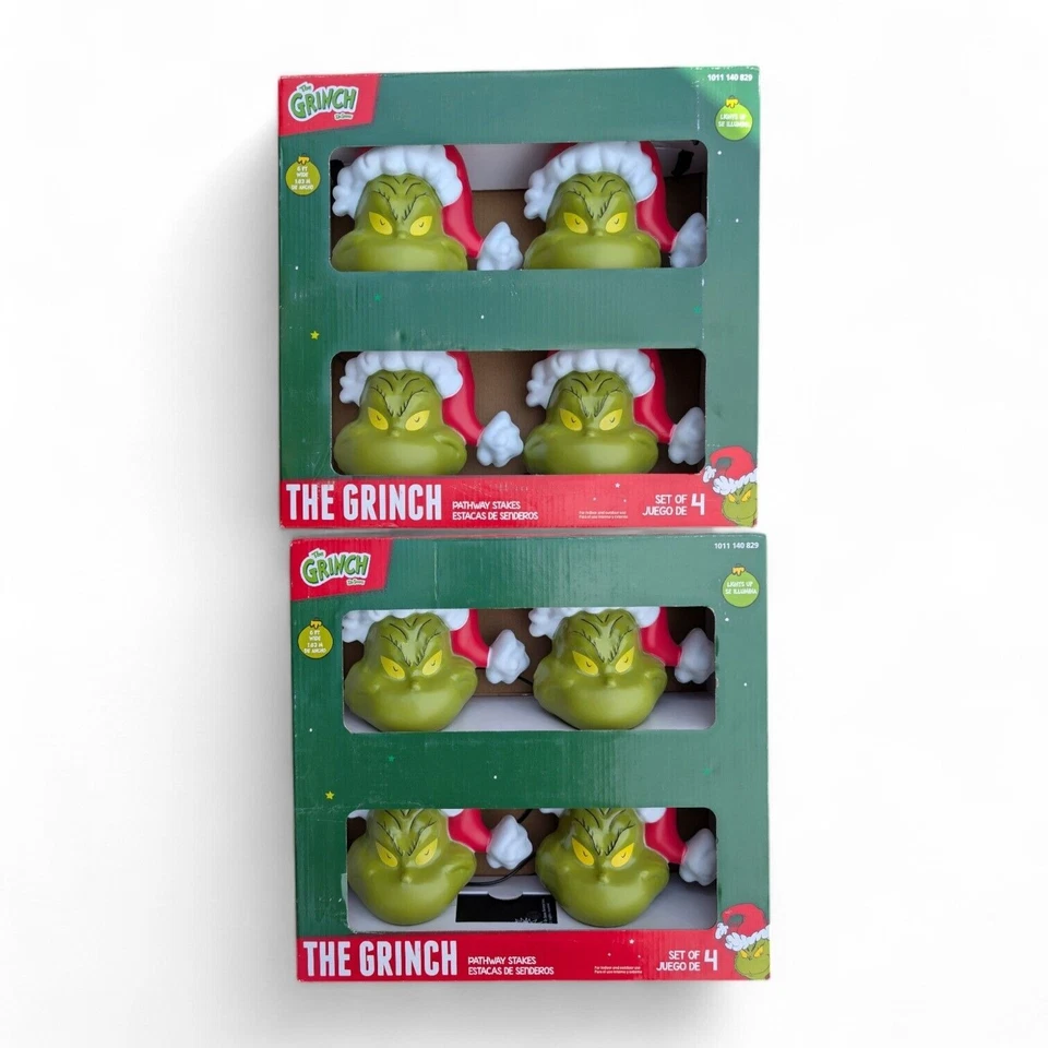 Gemmy Christmas Grinch Battery Operate Pathway Stakes 4 CT Santa Hat Light Up
