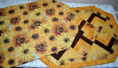 QUILTED FALL AUTUMN FABRIC PLACEMATS SET OF 4 YELLOW BROWN GOLD SUNFLOWERS VGC - Image 1 of 3