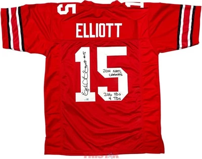 Camiseta deportiva autografiada por Ezekiel Elliott Ohio State Buckeyes 2014 CFP Stats TRISTAR Foto 1 de 3