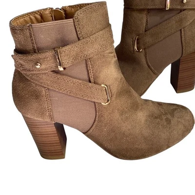 Charles Albert Tan Vegan Suede Ankle Boots Size 7, Side Zipper, Stretch Panel, 3 - Image 1 of 4
