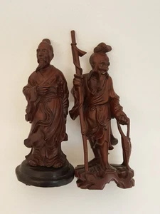 Vintage 40er Jahre handgeschnitzt Holz chinesischer Mann Skulpturen Krieger Fischer detailliert - Bild 1 von 15