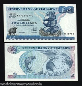 ZIMBABWE 2 DOLLARS P-1c 1994 *Z* PREFIX BUFFALO TIGER FISH UNC MONEY BILL NOTE - Picture 1 of 5