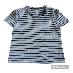 JACQUES VERT. White & Black Striped T-Shirt Size XL. Flower. Ruffled Neckline. - Picture 1 of 7