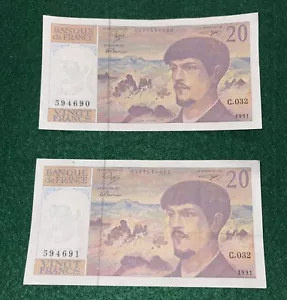 France 20 francs 1991 Claude Debussy C.032 (2 Bills) Consecutive Numbers - Picture 1 of 10