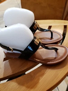 TOMMY HILFIGER T-STRAP SANDAL IN BLACK, TAN AND GOLD SIZE 8.5 - Picture 1 of 7