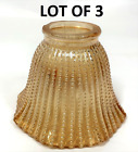 Vintage Lot of 3 Peach Amber Gold Hobnail Beaded 4" Ruffle Glass Globe Shades