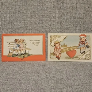2 Vintage Valentine Postcards Boy Girl Bench Teeter Totter Love Proposal Heart - Picture 1 of 12