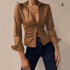 Women Pu Leather Shirt Tops Ladies Button Long Sleeve Ol Office Slim Blouse~