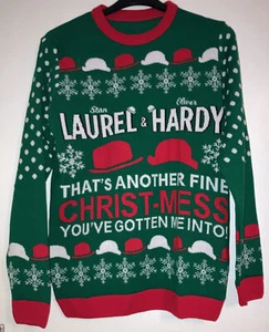 LAUREL & HARDY FUNNY CHRISTMAS JUMPER M MEDIUM BNIW XMAS NEW COMEDY GREEN GIFT - Picture 1 of 12
