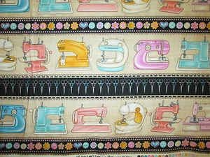 RETRO SEWING MACHINES BORDER COLORS SEW MACHINE COTTON FABRIC FQ - Picture 1 of 1