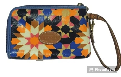 Fossil Wristlet Wallet Clutch w/ Strap Floral Pattern Coated Canvas Black Blue - Image 1 of 4
