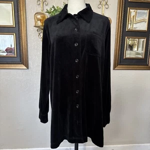 Camicia in velluto donna colletto manica lunga blusa con bottoni nero taglia L - Foto 1 di 10