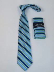 Men's  Nautica Tie and Hankie Set Woven Silky Feel #Nautica-7 Green Blue - Picture 1 of 5