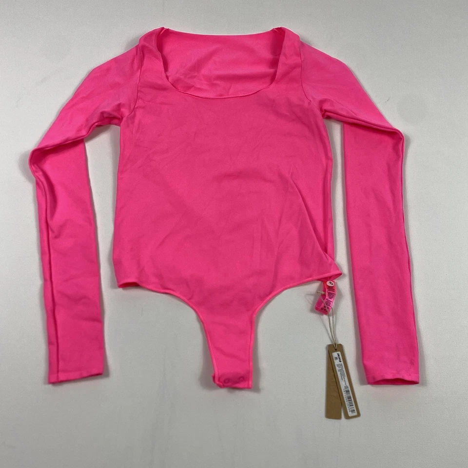 SKIMS Bodysuit Womens Small Neon Pink Long Sleeve Thong Snap Closure Scoop Neck - Image 1 of 4