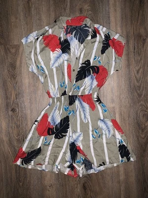 Vintage Laura Leslie California Beige Red Tropical Short Sleeve Romper Size S - Image 1 of 4
