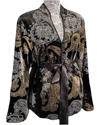 JS Collections Silk Kimono Button Belted Jacket Paisley Blck Gld Wht Floral 16W - Image 1 of 4