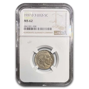 1937-D 3 Legged Buffalo Nickel MS-62 NGC - Picture 1 of 3