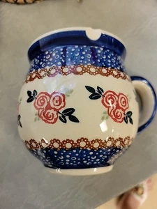 Vintage Red Roses Polish Pottery Bubble Potbelly Mug Hand Made Poland 16 oz HTF - Picture 1 of 5