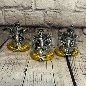Silver Gold 10cm Set Of 3 Wise Ganesh Ganesa Sitting On Seat Statue Resin Hindu - Picture 1 of 10