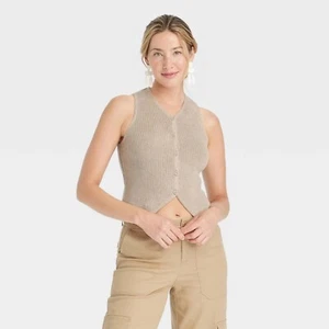 Universal Thread Button Front Slightly Cropped Tan Sweater Vest -- Women's Large - Picture 1 of 5