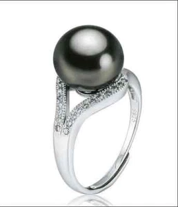 Charm 11mm natural Tahitian genuine black perfet round pearl ring resized AAA - Picture 1 of 2