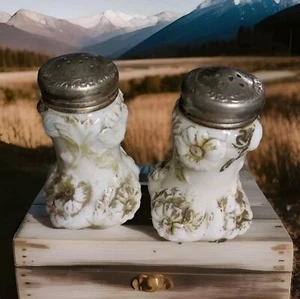 Antique Salt & Pepper Shakers Flower Blooming Milk Glass Original Lids-See Desc. - Picture 1 of 5