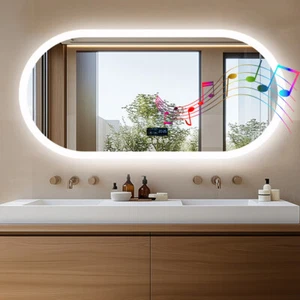 Bluetooth Oval LED Bathroom Mirror Home Hotel Shower SPA Music Anti-fog Mirror - Picture 1 of 18
