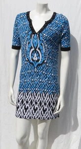 BELLDINI Blue Black White Print Stretch Viscose Beaded Sweater Dress Tunic M L - Picture 1 of 6