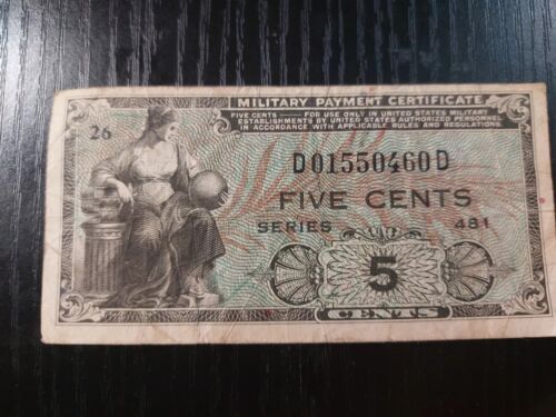 Vintage Us Military Paper Currency Mpc Series 481 5 Cents Military Payment Cert