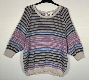 LIZ CLAIBORNE Sweater Womens 1X Beige Purple Striped 3/4 Sleeves Keyhole Back - Picture 1 of 6