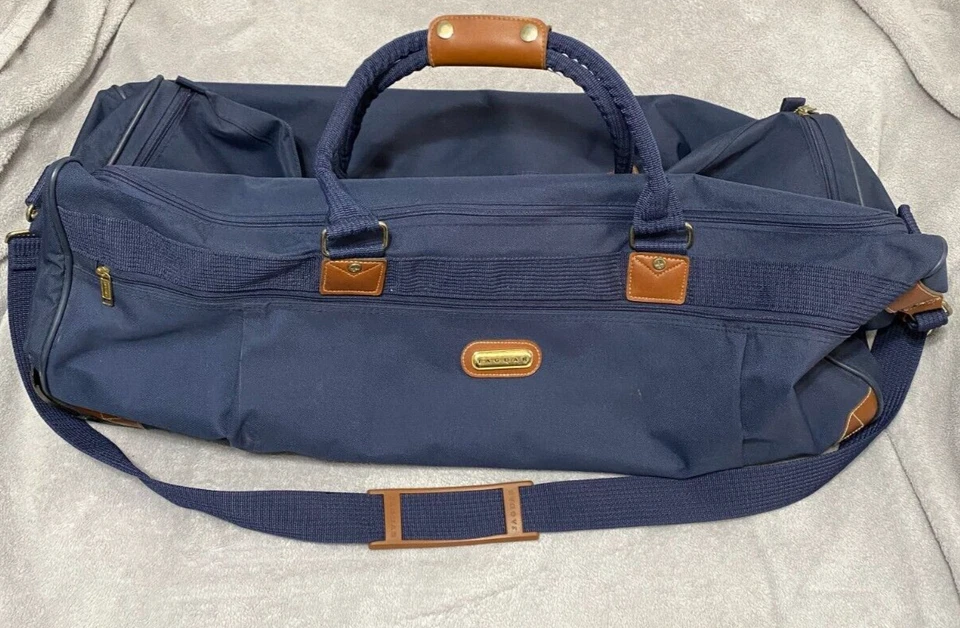 Винтажный JcPenny Jaguar чемодан на роликах багажа сумка синий полиэстер желтовато-коричневый кожаный 26» - Изображение 1 из 4