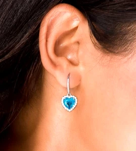 Deep Ocean Blue Heart Sterling 925 Silver Earrings Drops to Gift For Women - Picture 1 of 7