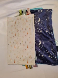 Tags Security Blanket Moon Stars Blue Aqua Minky Flowers Green Lot of 2 Handmade - Picture 1 of 5