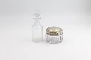 Small glass bottle with glass stopper top and lidded glass powder jar vanity - Picture 1 of 5