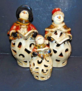 Set of 3 - Ceramic Caroling Snowman Tea Light Candle Holders - Picture 1 of 6