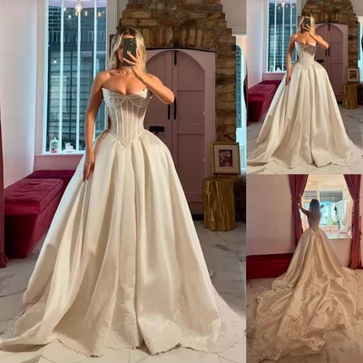 Satin Wedding Dress Basque Waist A Line Long Bridal Gowns Bone Tight Bridal - Image 1 of 4