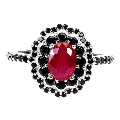 Anillo de plata de ley 925 rubí ovalado 7x5 mm espinela negra piedras preciosas joyería tamaño 8 Foto 1 de 4