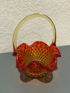 Vintage Fenton Amberina Glass Basket Diamond Quilt Pattern Ruffled Edge 6.5"  - Picture 1 of 10