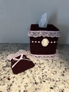 Handgefertigter gehäkelter Kleenex Bezug mit kleinem Beutel burgund - Bild 1 von 6