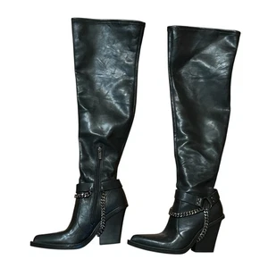 NEW Jessica Simpson Langer Over-The-Knee Boots Western Chain Faux Leather Sz 7.5 - Picture 1 of 14