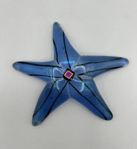 Fused Art Glass Sea Star Fish Figurine 5” Blue Dichroic Artist Signed - Picture 1 of 7
