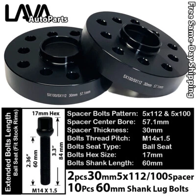 2 peças espaçador de roda 30mm de espessura 5x112 e 5x100 57,1MM C.B +14x1,5 PARAFUSO AJUSTE MODELO AUDI - Imagem 1 de 2