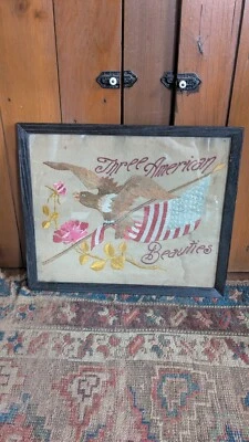 Rare Antique Early American Flag Stitched Textile Needlepoint Folk Art Eagle 18" - Image 1 of 4