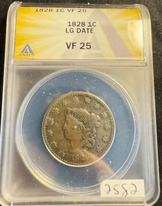 GORGEOUS 1828 Coronet Matron Large Cent 1C Large Date ANACS VF25 Rare Coin 2582 - Picture 1 of 4